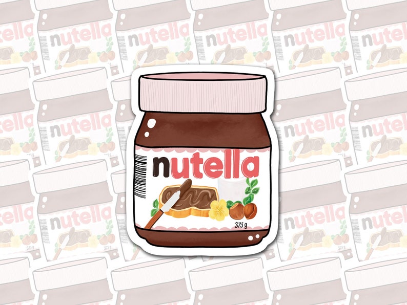 May include: A sticker of a brown glass jar of Nutella spread with a pink lid. The jar has a white label with the word "Nutella" in a brown font. The label also has a picture of a slice of bread with Nutella spread on it and a knife. The jar is 375 grams.