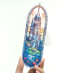 Stained Glass Style Castle Bookmark, Floral, Tassel included, Thick High Quality, Book club