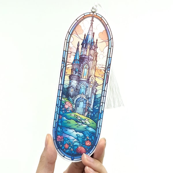 Stained Glass Style Castle Bookmark, Floral, Tassel included, Thick High Quality, Book club