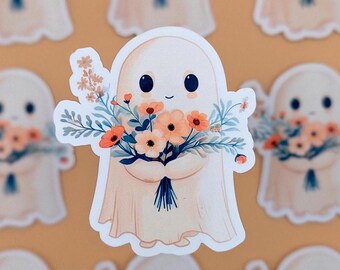Cute Ghost Sticker | Ghost Holding Flowers | Floral Ghost Vinyl Sticker | Aesthetic Spooky Sticker | Cottagecore Ghost Art(U.S Duty Free!)