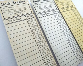 May include: Three vintage-style book tracker cards with a cream background and black lines. Each card has spaces to write the book title, author's first and last name, and a rating system with five stars.