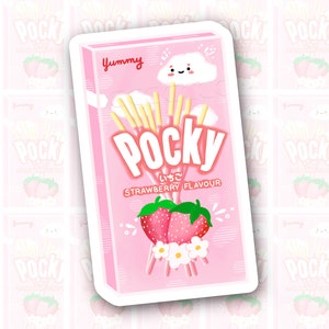 May include: A pink and white sticker featuring a cartoon illustration of a Pocky box with a cloud and strawberries. The text on the sticker reads "Yummy" and "Pocky いちご STRAWBERRY FLAVOUR".