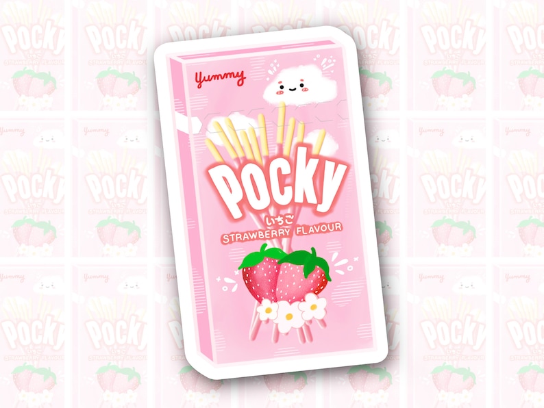 Puede incluir: Una pegatina rosa y blanca con una ilustraci&oacute;n de dibujos animados de una caja de Pocky con una nube y fresas. El texto en la pegatina dice "Yummy" y "Pocky いちご STRAWBERRY FLAVOUR".
