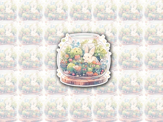 Adorable Bunny in a Mini Terrarium Garden, Glossy Laminated Vinyl Sticker, Laptop Sticker, Notebook, Journal Diary Stickers(U.S Duty Free!)