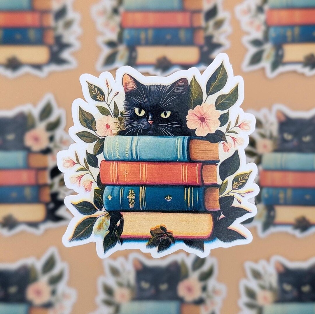 Black Cat Book Sticker | Cute Cat Peeking Over Books | Floral Book ...