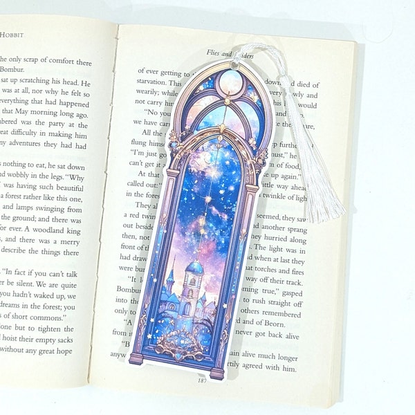 Blue Arch Style Castle Bookmark, Night Sky, Tassel included, Thick High Quality, Book club