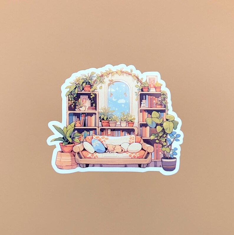 May include: A sticker featuring a cozy living room scene with a couch, bookshelves filled with books, and plants. A cat is sleeping on the couch. The window behind the couch shows a view of the sky with clouds.