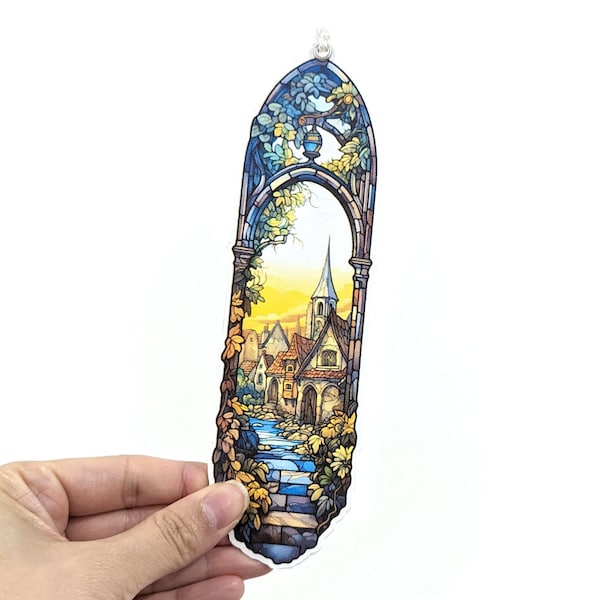 Step into a Victorian Arch Doorway with Enchanting Village and Florals,  Tassel included, High Quality Bookmark, Book club (U.S Duty Free!)