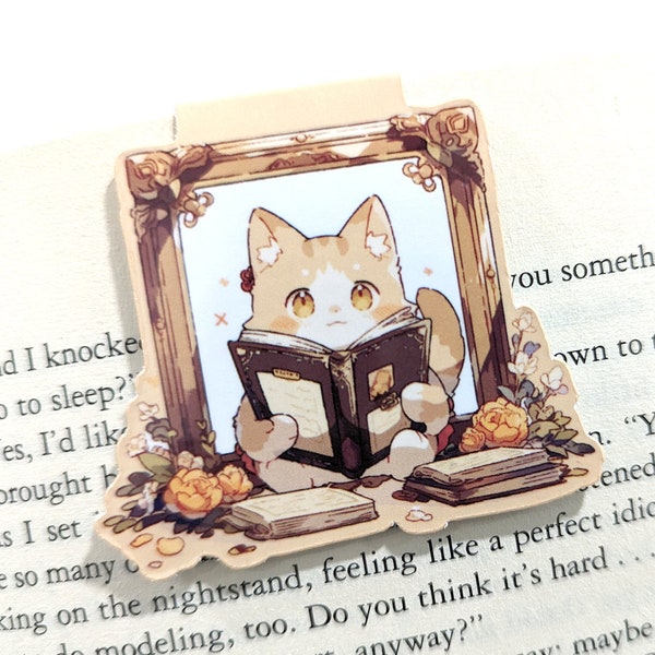 Cute Cat reading a book Bookmark Magnet, Magnetic, Handmade, Laminated and Water Resistant, Booklover, Bookworm, Gift