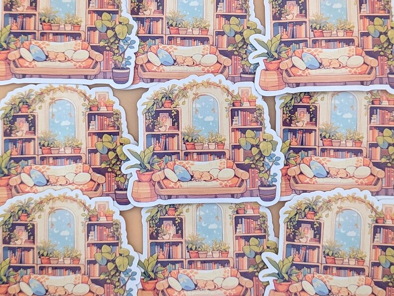 May include: A set of stickers featuring a cozy living room scene with a bookshelf filled with books, plants, and a couch with pillows. The stickers are illustrated in a cartoon style with soft colors.