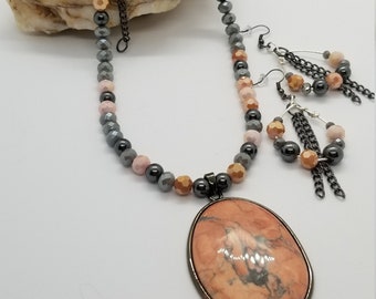 Bohemian Hematite Beaded Necklace & Earring Set, Handmade Artistry