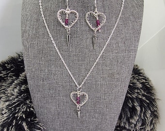 Silver Thorned Heart Necklace and Earrings Set, Gothic Alt Jewelry
