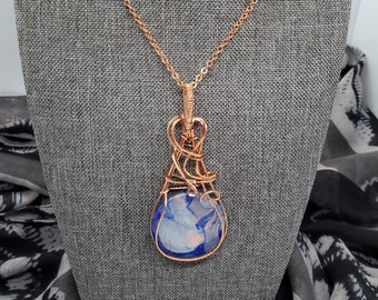 Copper Wrapped Acrylic Poured Cabochon Pendant Necklace: Bohemian Jewelry