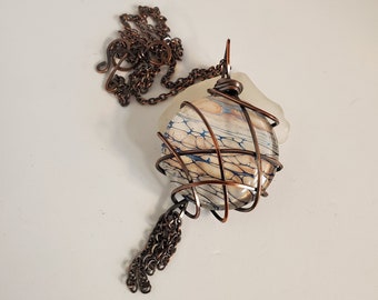 A Antiqued Copper Wrapped Acrylic Pour Obsessed Cabochon, Pendant Necklace, Boho Fashion
