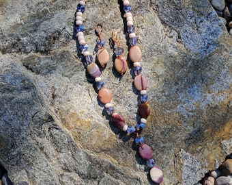 Amethyst Heart Necklace Earrings Set: Bohemian Beaded Jewelry