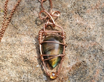 Pear Labradorite Copper Wrapped Pendant: Bohemian Necklace