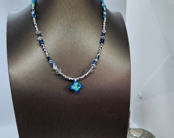 A Turquoise Crystal Pendant Necklace, Silver, Beaded Jewelry, Special Events Jewelry, Crystals