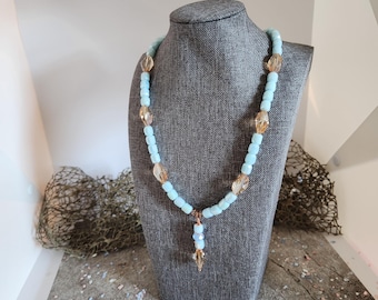 Handmade Blue & Amber Beaded Copper Jewelry Set: Bohemian Chic
