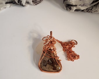 A Copper Wrapped Natural Polka Dot Agate Pendant Necklace, Agate Jewelry ,Bohemian Fashion