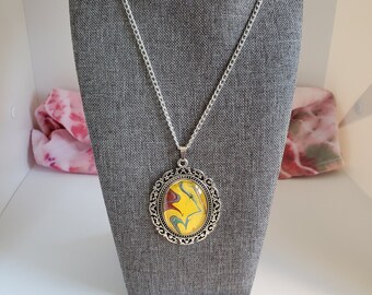 Handmade Acrylic Pour Cabochon Necklace: Bohemian Silver Pendant
