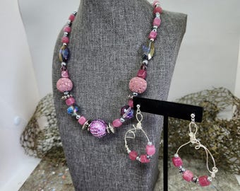 Handmade Pink Beaded Necklace and Earrings Set: Bohemian Artisan Jewelry