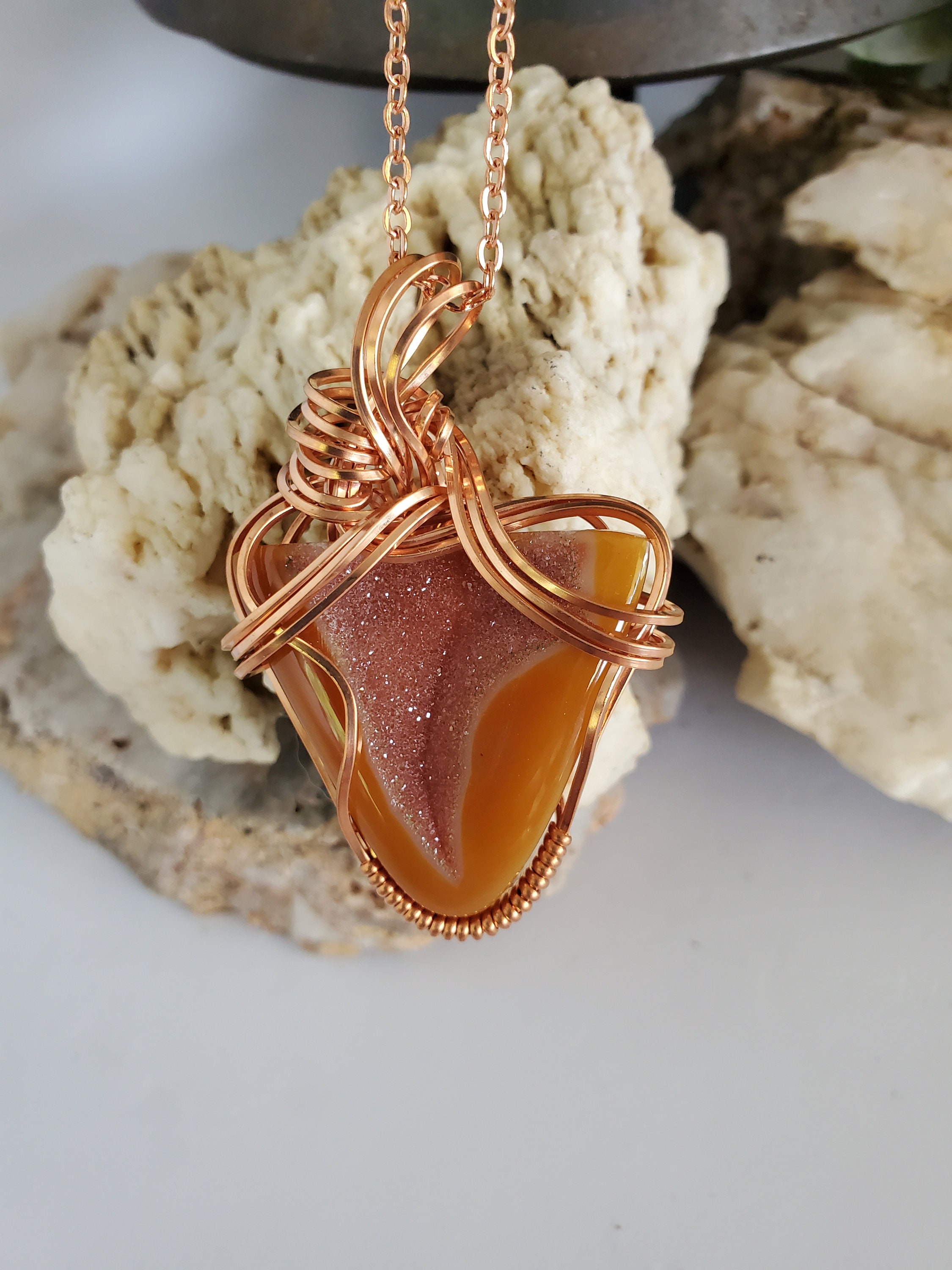 Beautiful coppery/orange sparkly Druzy pendant on beaded/leather necklace! ?✨ Orange Aventurine Magic ✨? This stunning necklace  main image 3