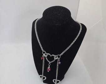 Stainless Steel Chainmail Necklace, Barbed Hearts Pendant, Ruby Red Crystal Beads Choker, Gothic Edgy
