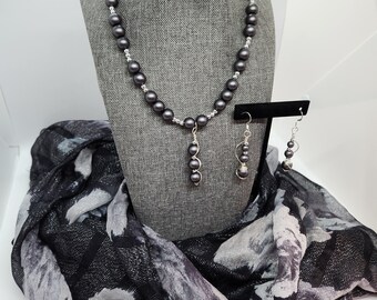 Black Beaded Pendant Necklace and Earrings Set: Silver Accents, 18-inch Necklace