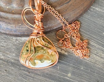 Copper Wrapped Rain Forest Jasper Pendant: Bohemian Gemstone Necklace