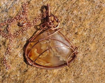 Copper Wrapped Plume Agate Pendant Necklace - Boho Fashion