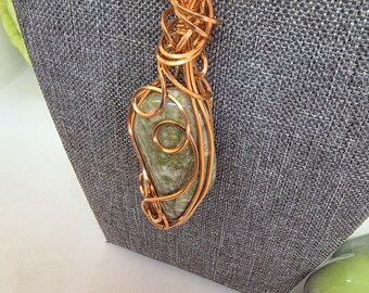 Natural River Rock Pendant, Copper Wire Wrapped Stone Necklace, Boho Gemstone Jewelry, Rustic Earthy