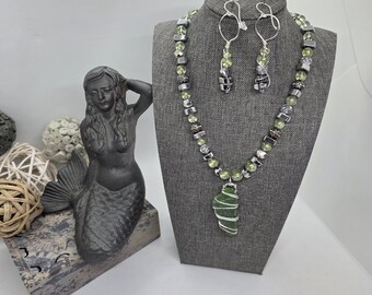 Handmade Green and Silver Sea Glass Bohemian Jewelry Set - Necklace and Earrings