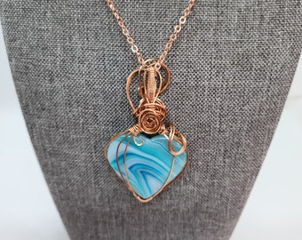 Copper Wrapped Blue Agate Heart Pendant Necklace