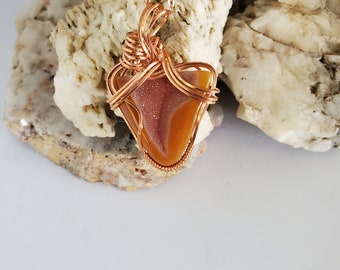 A Copper Wrapped Orange Druzy Agate Pendant Necklace, Bohemian Fashion
