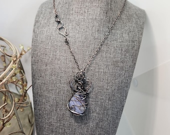 Blue Lace Agate Pendant Necklace: Antiqued Copper Wire Wrapped Bohemian Jewelry