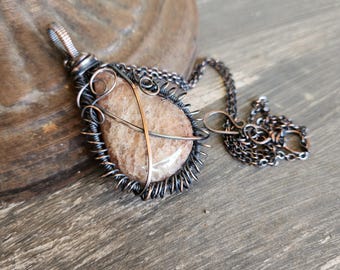 Ferruginous Quartz Pendant: Antiqued Copper Wire Wrapped Boho Jewelry