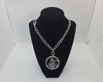 Caged Labradorite O-Ring Pendant Necklace, Stainless Steel Curb Chain, Goth Punk Style