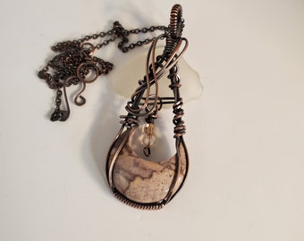 A Copper Wrapped Monochrome Jasper Pendant Necklace, Crescent Moon, Copper Jewelry