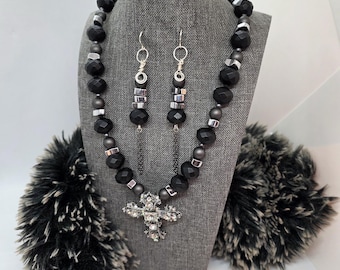 Gothic Cross Pendant Necklace and Earring Set-Dark Romance Gunmetal Wire Wrapped Jewelry