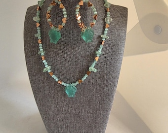 Sea Foam Turtle Pendant and Earring Set: Copper Heart Accents, Beach Jewelry