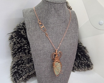 Green Sea Glass Pendant Necklace, Copper Wire Wrapped, Boho Jewelry