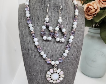 Beaded Pearl Pendant Necklace and Earrings Set: Bohemian Heart Jewelry