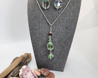 Handmade Green Crystal Silver Pendant Necklace Set - Unique Statement Jewelry for Formal Occasions