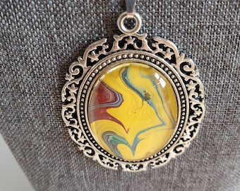 Acrylic Pour Cabochon Necklace: Handmade Silver Plated Chain