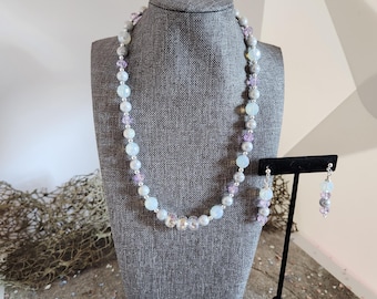 Handmade Beaded Pearl and Crystal Necklace with Earrings: Artisan Jewelry Set
