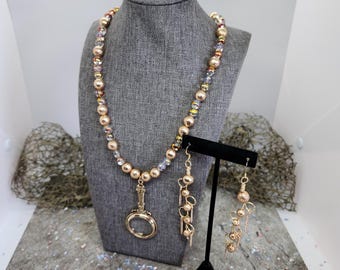 Gold Beaded Necklace and Earring Set: Handmade Hand Mirror Pendant