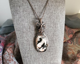 Copper Wrapped Pendant Necklace: Acrylic Pour Wearable Art Jewelry