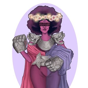 May include: A purple-skinned figure with an afro wearing a silver and gold armor, a pink and purple cape, and a flower crown. The figure has a blindfold over their eyes and is holding two silver gauntlets.