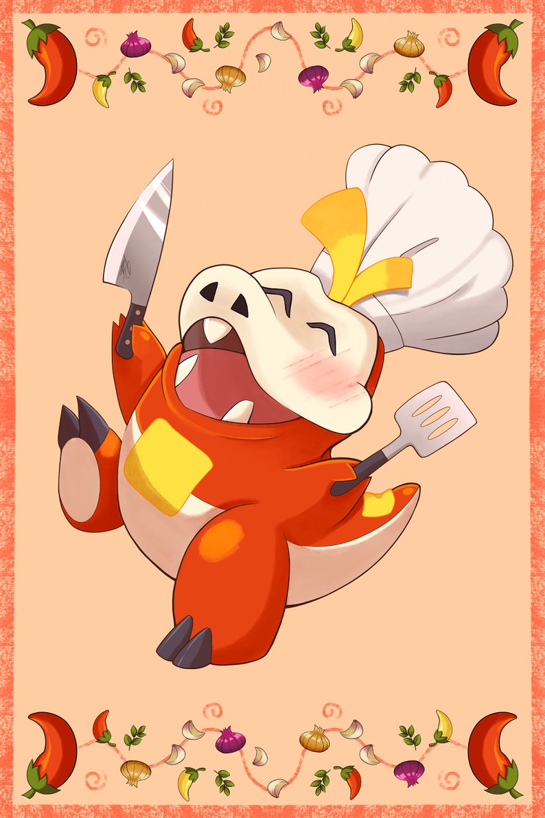 May include: A cartoon illustration of a red and white dinosaur wearing a chef's hat and holding a knife and spatula. The dinosaur is smiling and has a blush on its cheeks. The background is a light orange color with a border of red chili peppers, onions, and garlic.