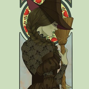 Peut inclure: Une illustration de style art nouveau représentant une silhouette à la peau verte portant un chapeau de sorcière marron et une robe marron foncé avec des détails en dentelle. La silhouette a une longue tresse et tient un balai. Des coquelicots rouges ornent le fond circulaire.